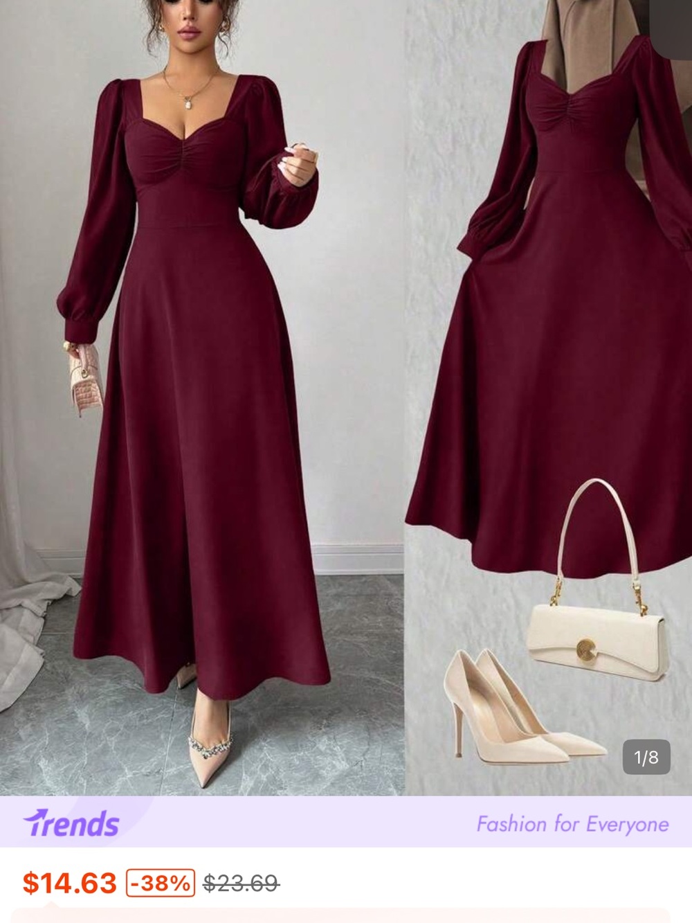 SHEIN Burgundy Long Sleeve Maxi Dress with Sweetheart Neck